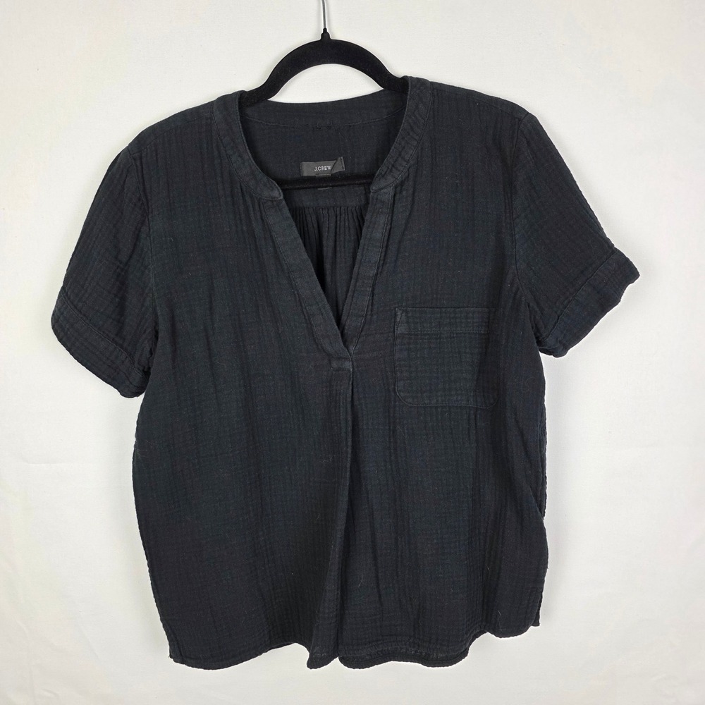 J.Crew Womens Black Double‎ Gauze Cotton Short Sleeve Top Split Neck Small